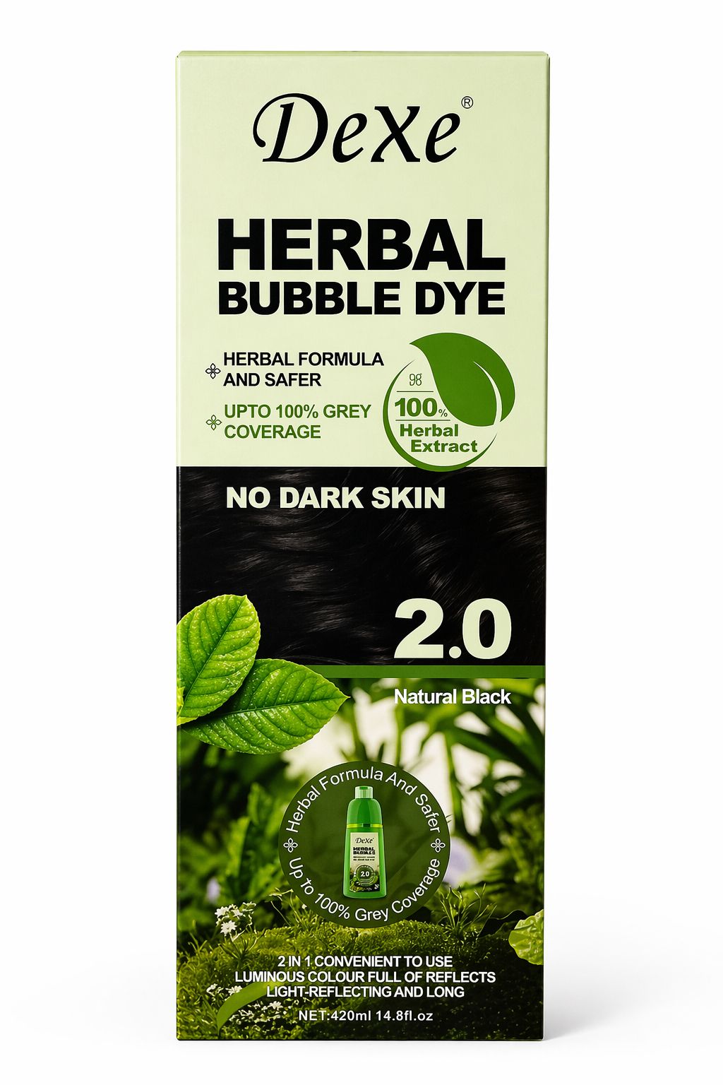 DeXe Herbal Bubble Hair Dye Shampoo 2.0 – Natural Black Hair Color | 100% Grey Coverage | Herbal Formula | No Ammonia